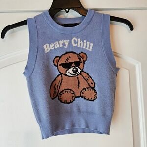 Forever 21 Beary Chill Tank XS Blue Sweater Vest Tank Kidcore Cartoon Novelty